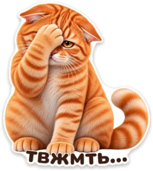 стикер: рыжий кот Мандарин закрыл морду лапой, надпись «твжмть…»