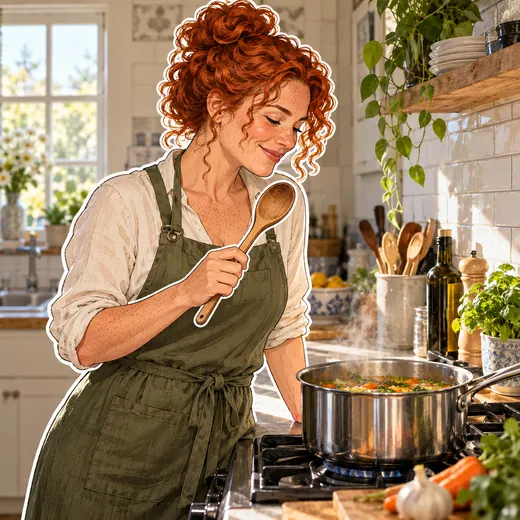 стикер: рыжая кудрявая женщина пробует суп на кухне