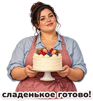 стикер: кондитер с тортом, надпись «сладенькое готово!»