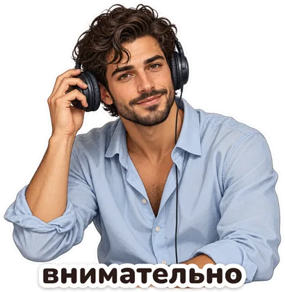 стикер: парень в наушниках, надпись «внимательно»