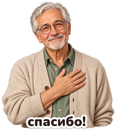 стикер: седой мужчина прижал руку к сердцу, надпись «спасибо!»